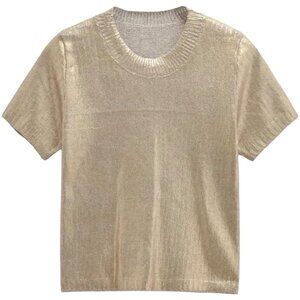 Women Crew Neck Short Sleeve Metallic Gold Knit Sweater Top Shirts Pullover SZ S